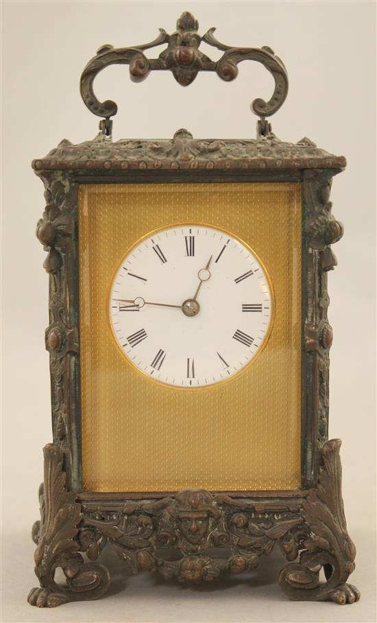 A late 19th century bronze carriage clock, 6in.